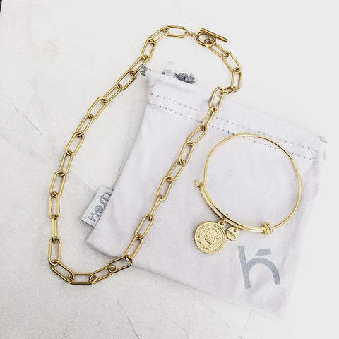 PAPERCLIP NECKLACE AND COIN BANGLE BUNDLE