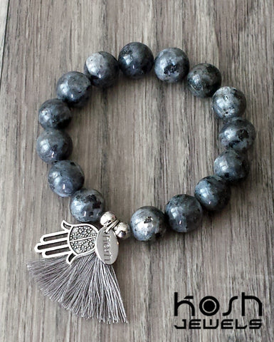 CHARM SERIES - 12mm GRAY LABRADORITE & HAMSA