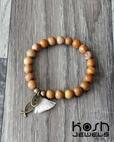 CHARM SERIES - 8mm WOOD GRAIN AGATE & ICHTHYS