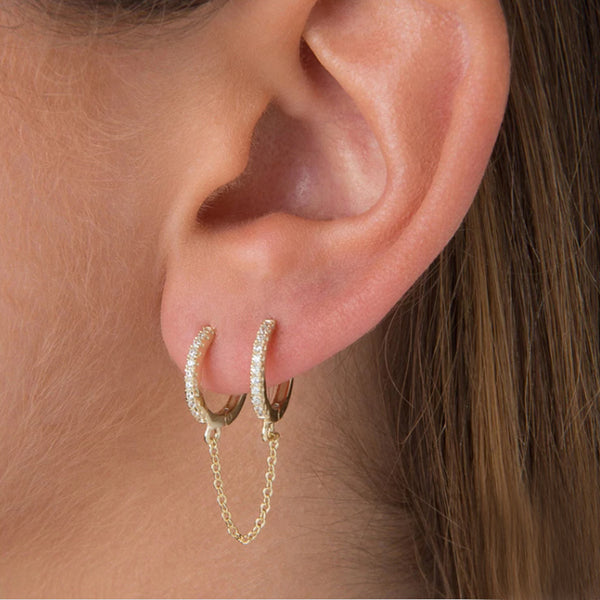 CHAIN DROP EARRING DOUBLE PAVÉ HUGGIE